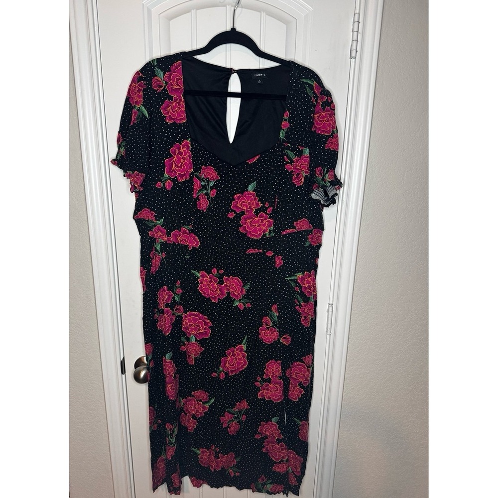 Torrid pink and black Dress floral midi Puff Sleeve‎ whimsical 2x